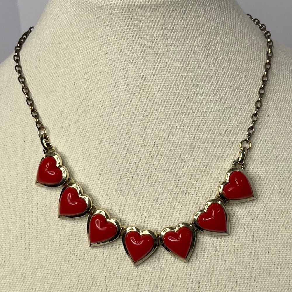 Vintage Dark Red Acrylic Hearts on Gold Tone Metal Necklace